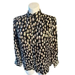 Topshop Black Cream Abstract Print Button Front Blouse Long Sleeve Women’s Size